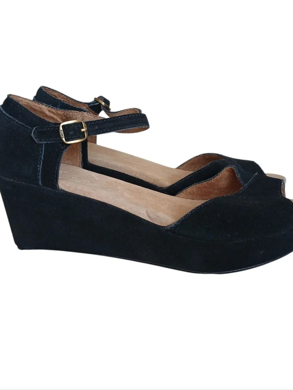 TOM'S Platform Suede Peep Toe Sandals Women's 10 Black Comfort Ankle Strap